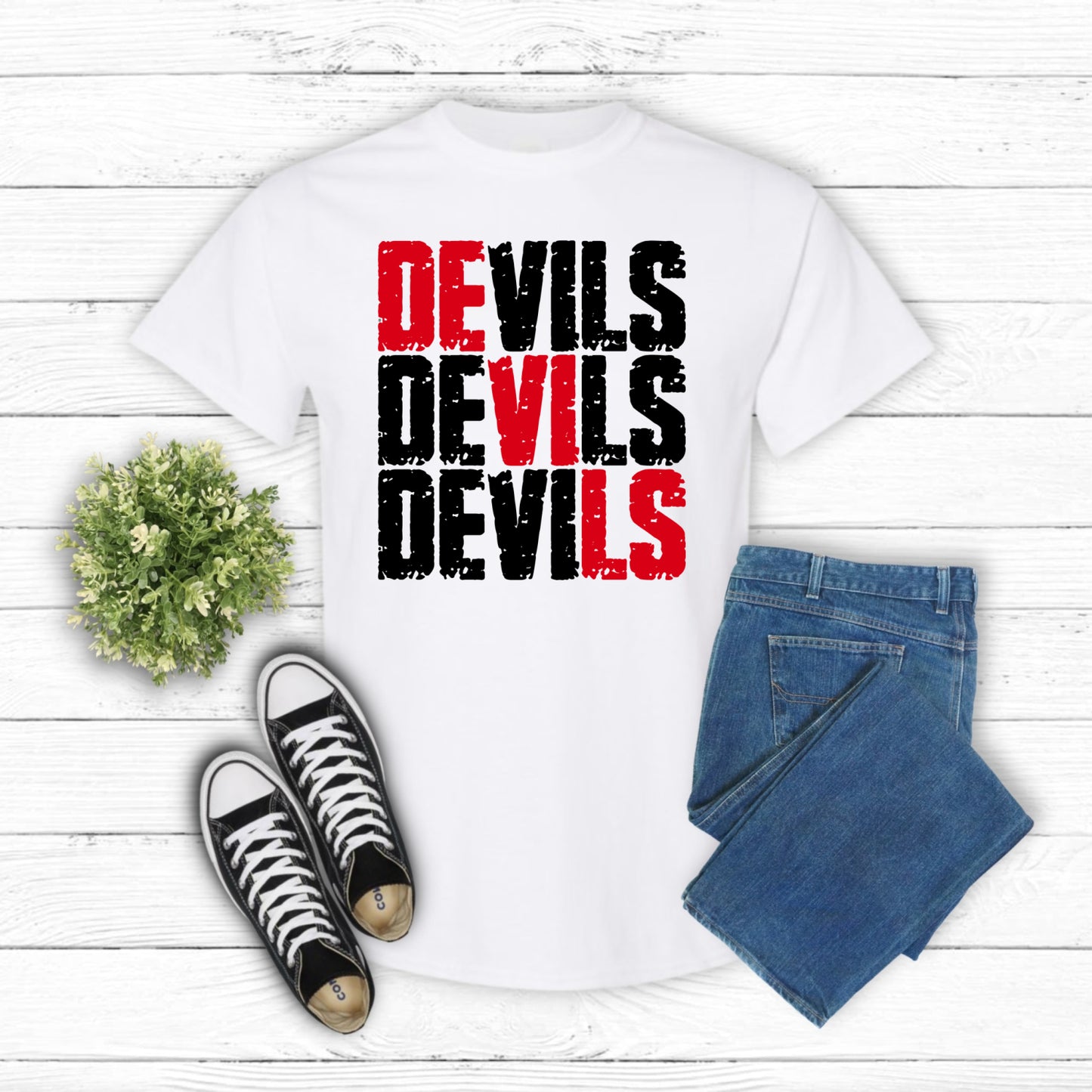 Red Devils Grunge Mascot – School Spirit DTF Transfer (view 2 of 2) – by Lazy Day Crafts – DTF Transfers – School Mascot,...