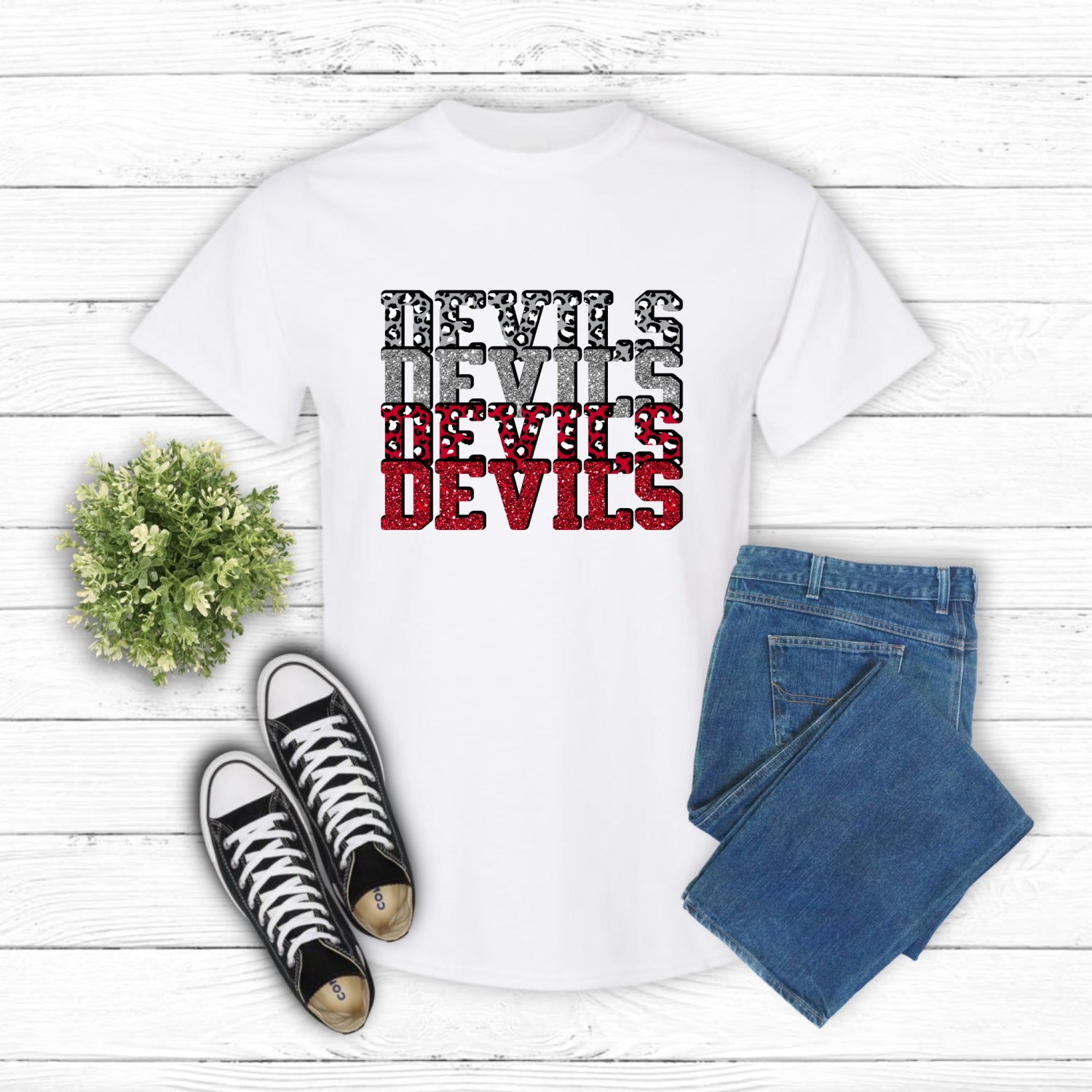 RED DEVILS Mascot Stacked – School Spirit DTF Transfer (view 2 of 2) – by Lazy Day Crafts – DTF Transfers – School Mascot,...