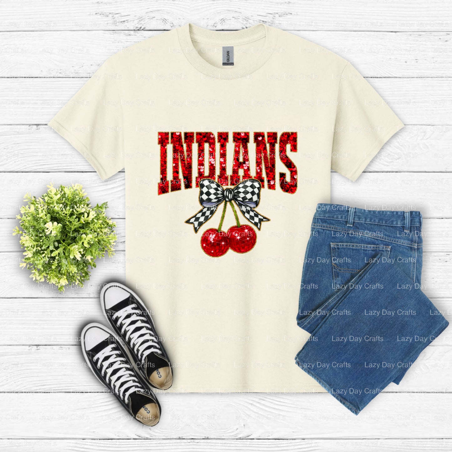 Red Sequin Indians Mascot – School Spirit DTF Transfer (view 2 of 2) – by Lazy Day Crafts – DTF Transfers – School Mascot,...