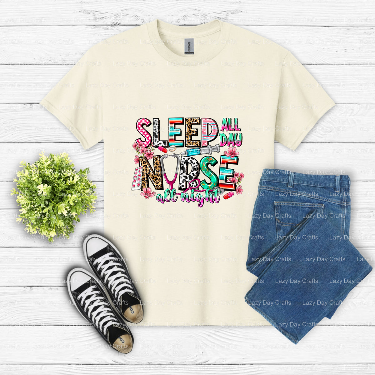 Sleep all day Nurse all night – Nurse DTF Transfer (view 2 of 2) – by Lazy Day Crafts – DTF Transfers – DTF Transfers, Pre...