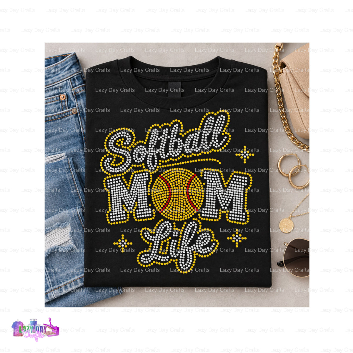 SOFTBALL MOM LIFE – Ready to Press Spangle Transfer – by Lazy Day Crafts – Spangle Transfers – Spangle Transfers, Premade DTF