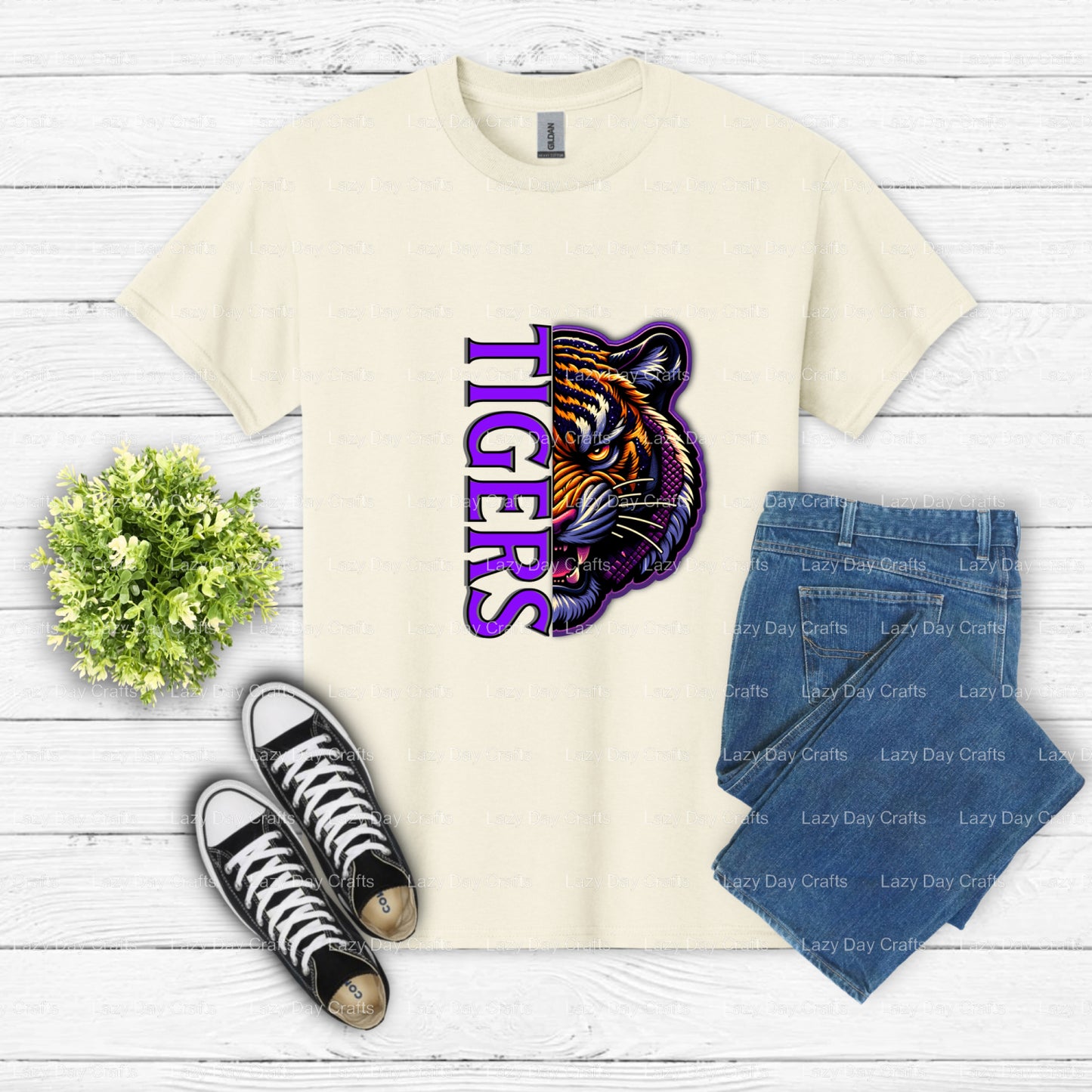 TIGERS – Mascot Spirit Wear DTF Transfer (view 2 of 2) – by Lazy Day Crafts – DTF Transfers – mascot, spirit wear