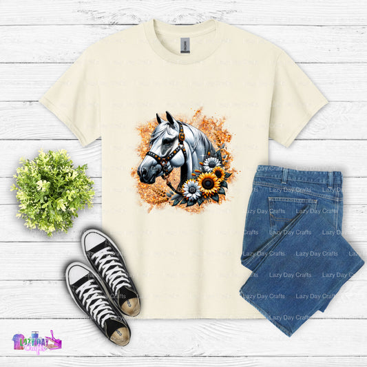White Horse with Sunflowers – DTF Transfer (view 1 of 2) – by Lazy Day Crafts – DTF Transfers – DTF Transfers, Premade DTF
