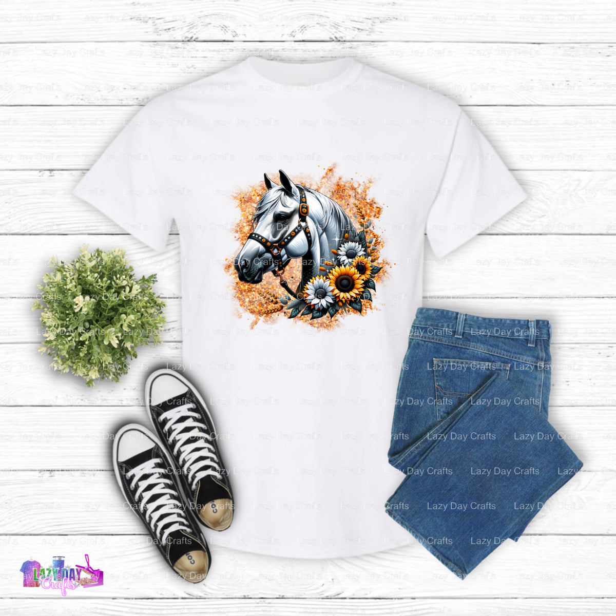 White Horse with Sunflowers – DTF Transfer (view 2 of 2) – by Lazy Day Crafts – DTF Transfers – DTF Transfers, Premade DTF